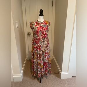 Pink Retro Floral Ruffle Tiered Maternity Midi dress - size small